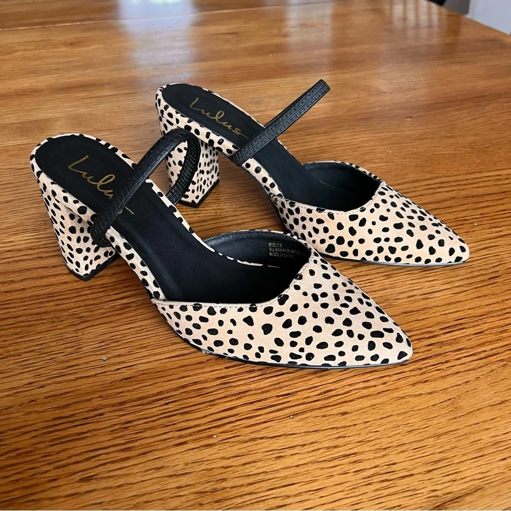 ⭐️ Lulus Maryna Black and Tan Cheetah Suede Pointed-Toe Mules Size 7.5 - Picture 5 of 9